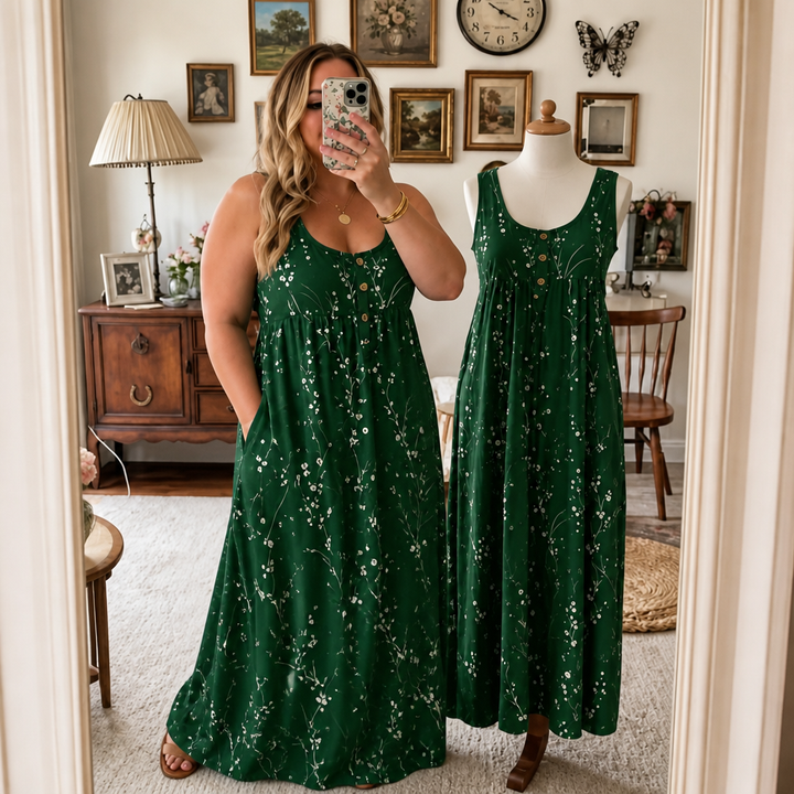 Effortless Plus Size Floral Maxi Dress with Scoop Neck Button Front Autumn Style