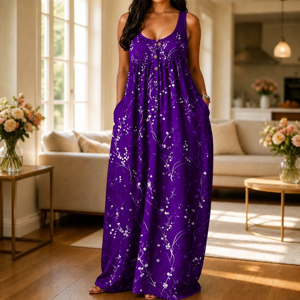 Effortless Plus Size Floral Maxi Dress with Scoop Neck Button Front Autumn Style