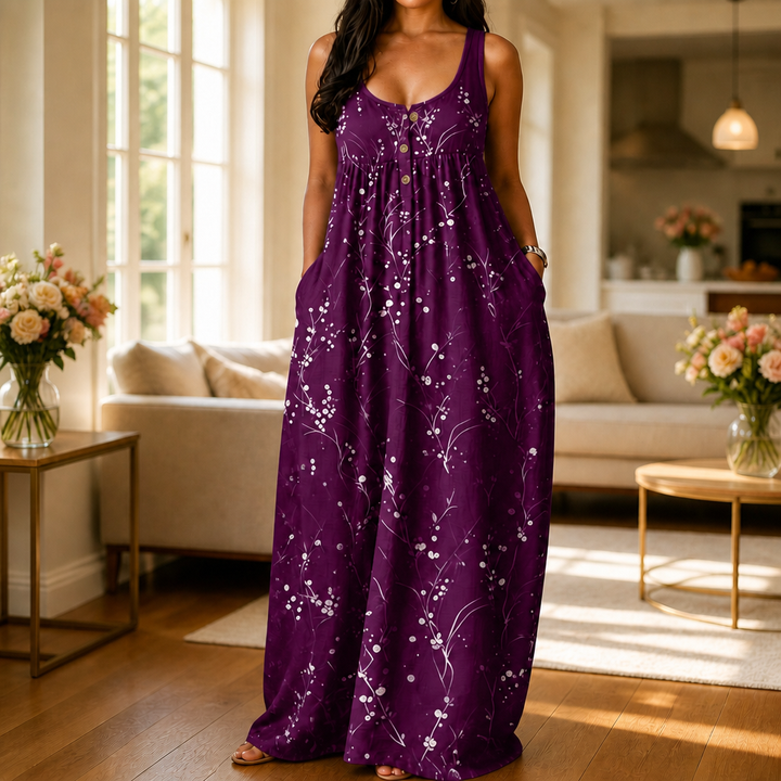 Effortless Plus Size Floral Maxi Dress with Scoop Neck Button Front Autumn Style