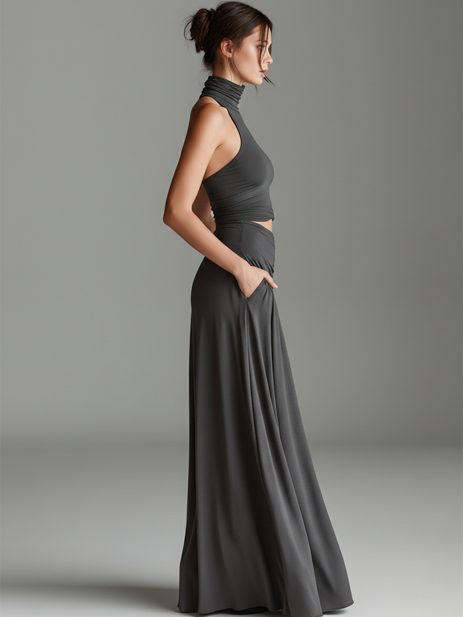 Elegant Gray Maxi Dress with Turtleneck Halter Cutout Waist Ruched Skirt Formal