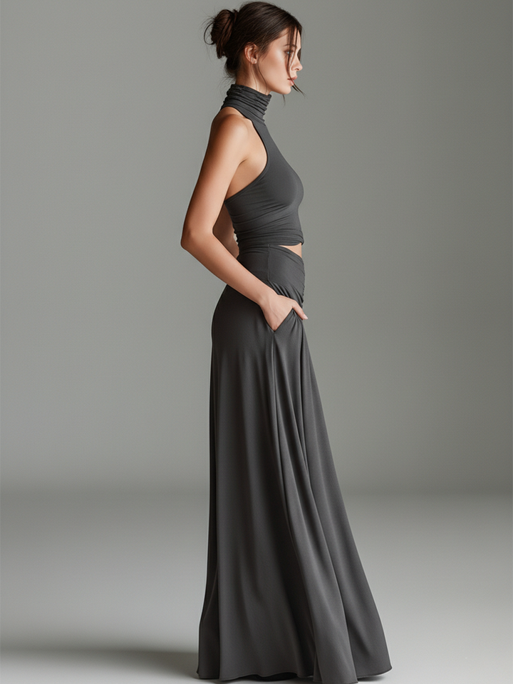 Elegant Gray Maxi Dress with Turtleneck Halter Cutout Waist Ruched Skirt Formal