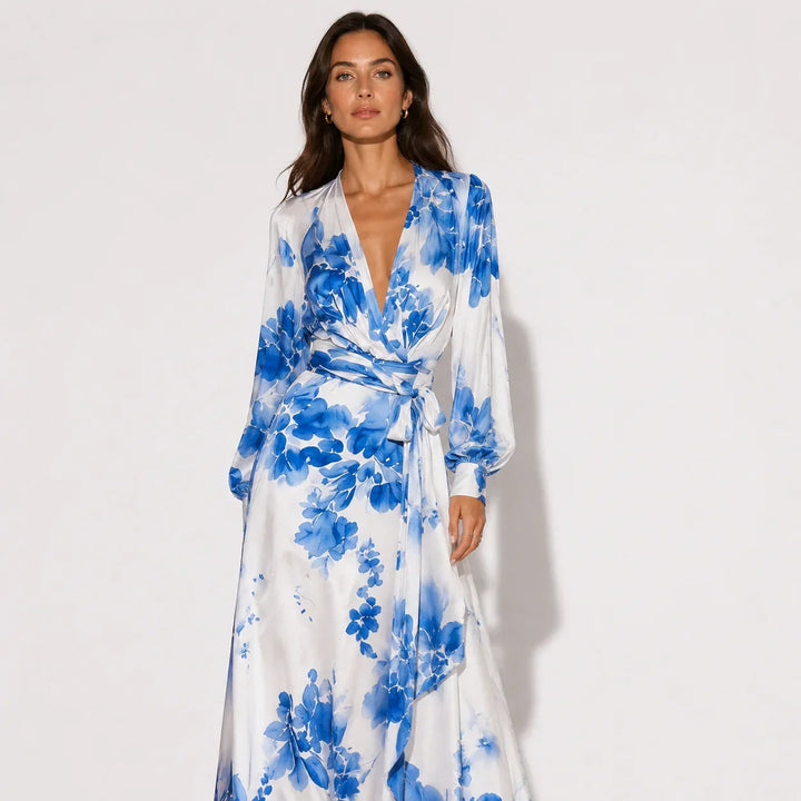 Elegant Floral Satin Autumn Wedding Guest Dress with V Neck Balloon Sleeve Wrap Tie