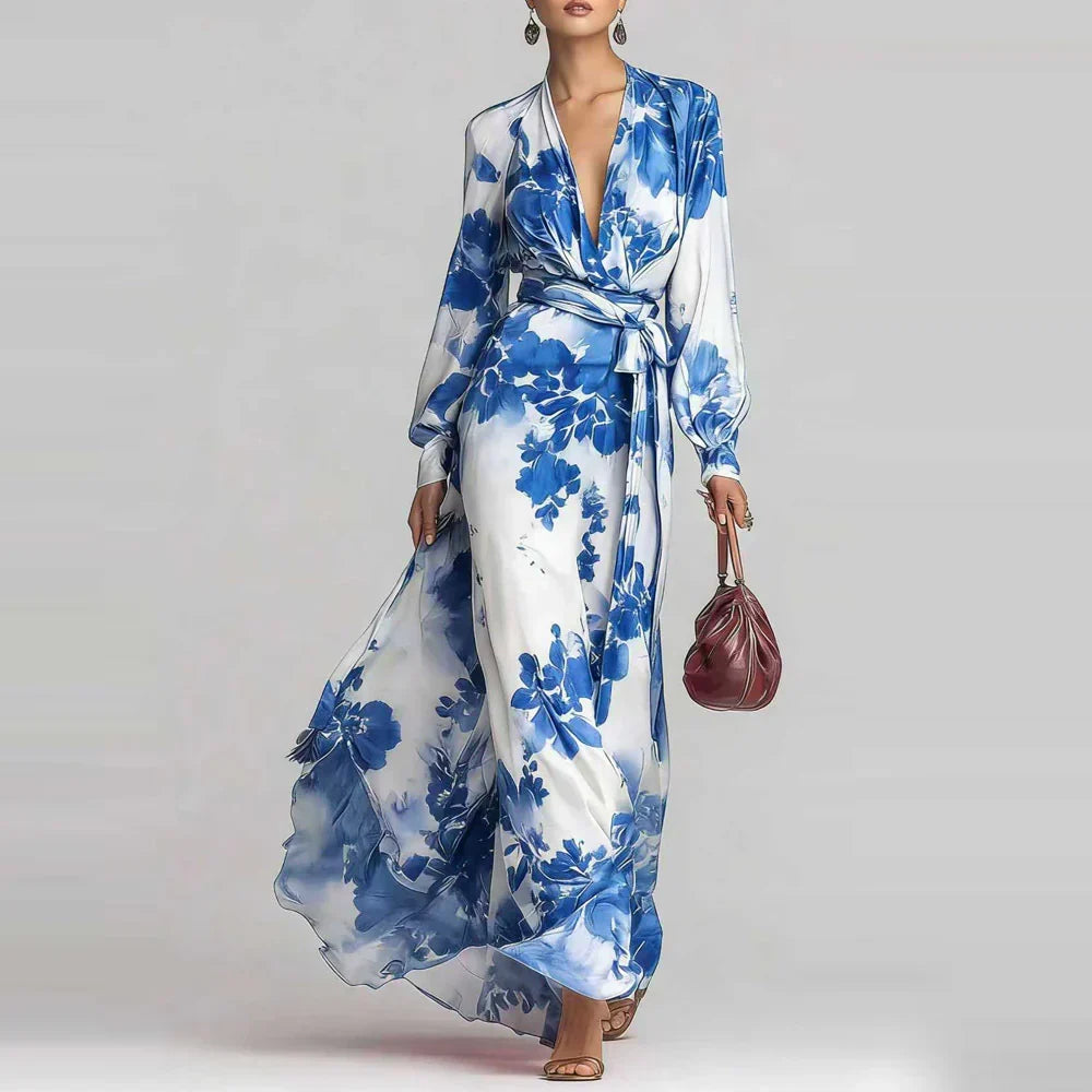 Elegant Floral Satin Autumn Wedding Guest Dress with V Neck Balloon Sleeve Wrap Tie