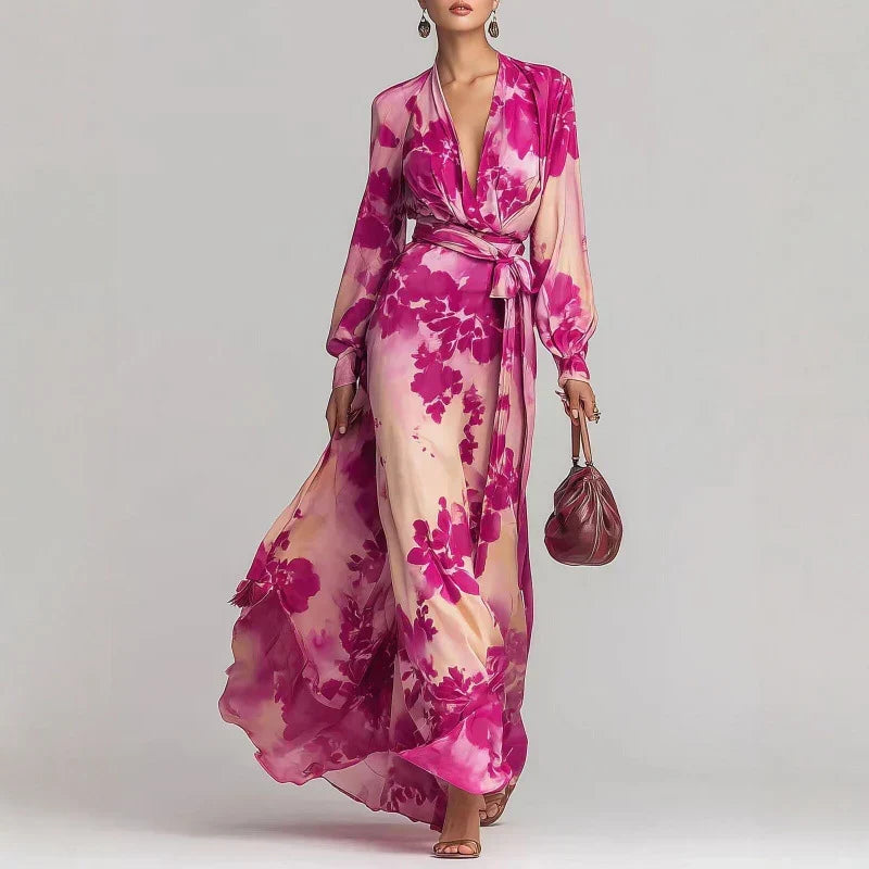 Elegant Floral Satin Autumn Wedding Guest Dress with V Neck Balloon Sleeve Wrap Tie