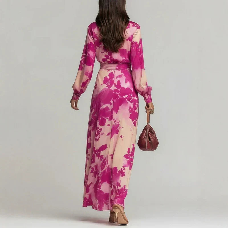 Elegant Floral Satin Autumn Wedding Guest Dress with V Neck Balloon Sleeve Wrap Tie