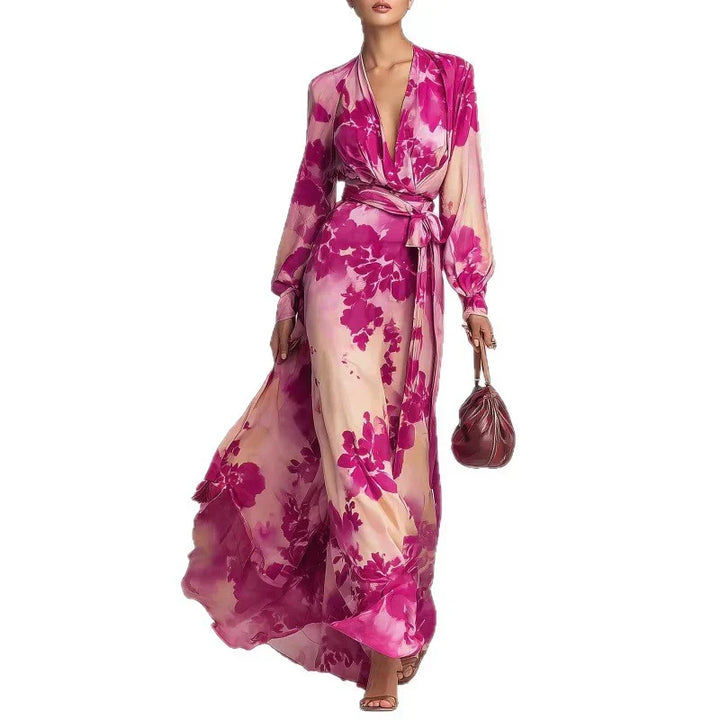 Elegant Floral Satin Autumn Wedding Guest Dress with V Neck Balloon Sleeve Wrap Tie