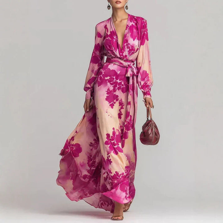 Elegant Floral Satin Autumn Wedding Guest Dress with V Neck Balloon Sleeve Wrap Tie