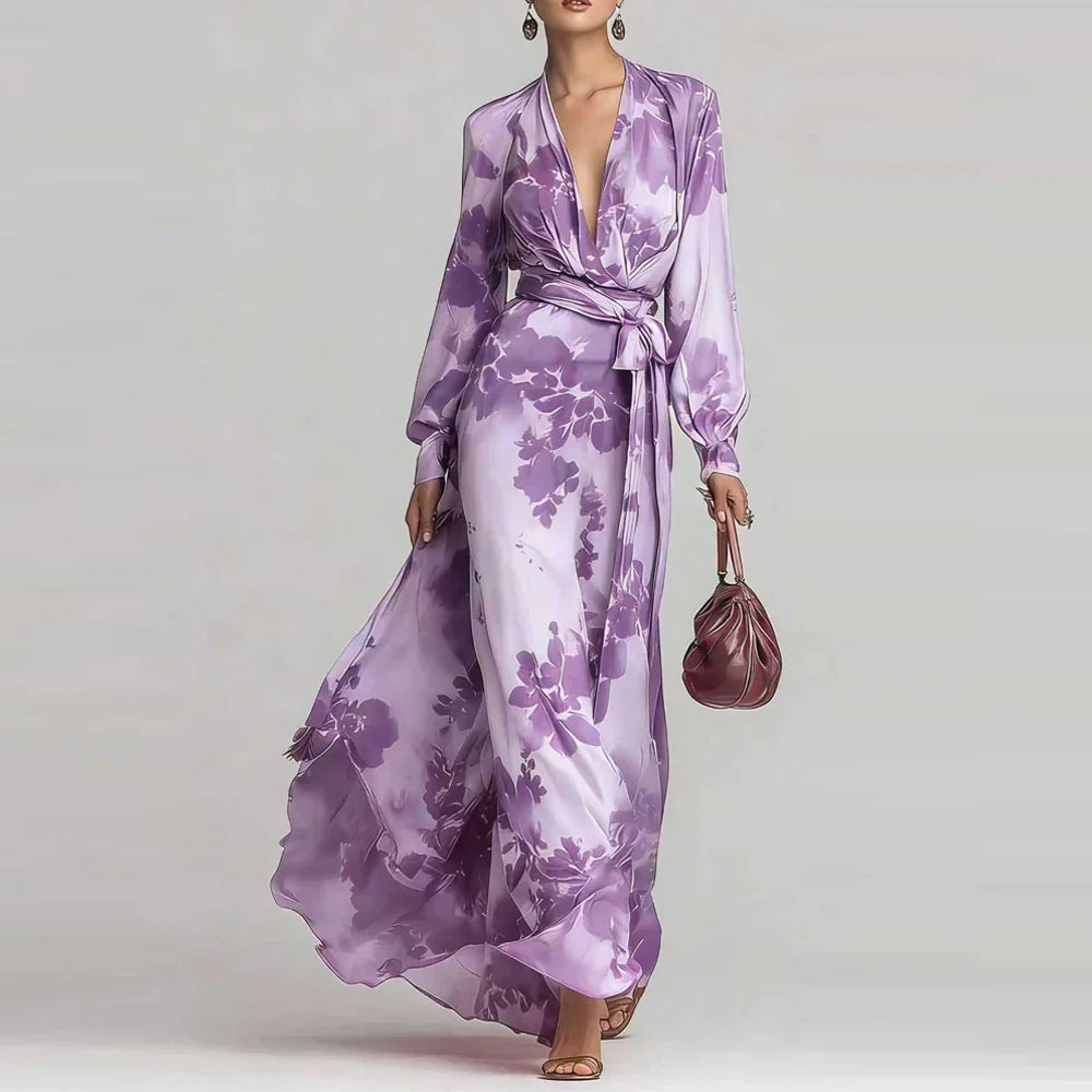 Elegant Floral Satin Autumn Wedding Guest Dress with V Neck Balloon Sleeve Wrap Tie