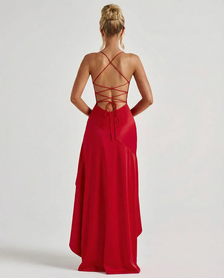Elegant Satin Autumn Wedding Guest Dress with Sweetheart Neck High Low Ruffle Open Back
