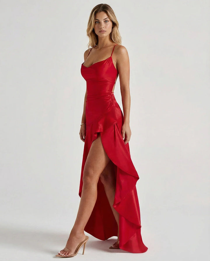 Elegant Satin Autumn Wedding Guest Dress with Sweetheart Neck High Low Ruffle Open Back
