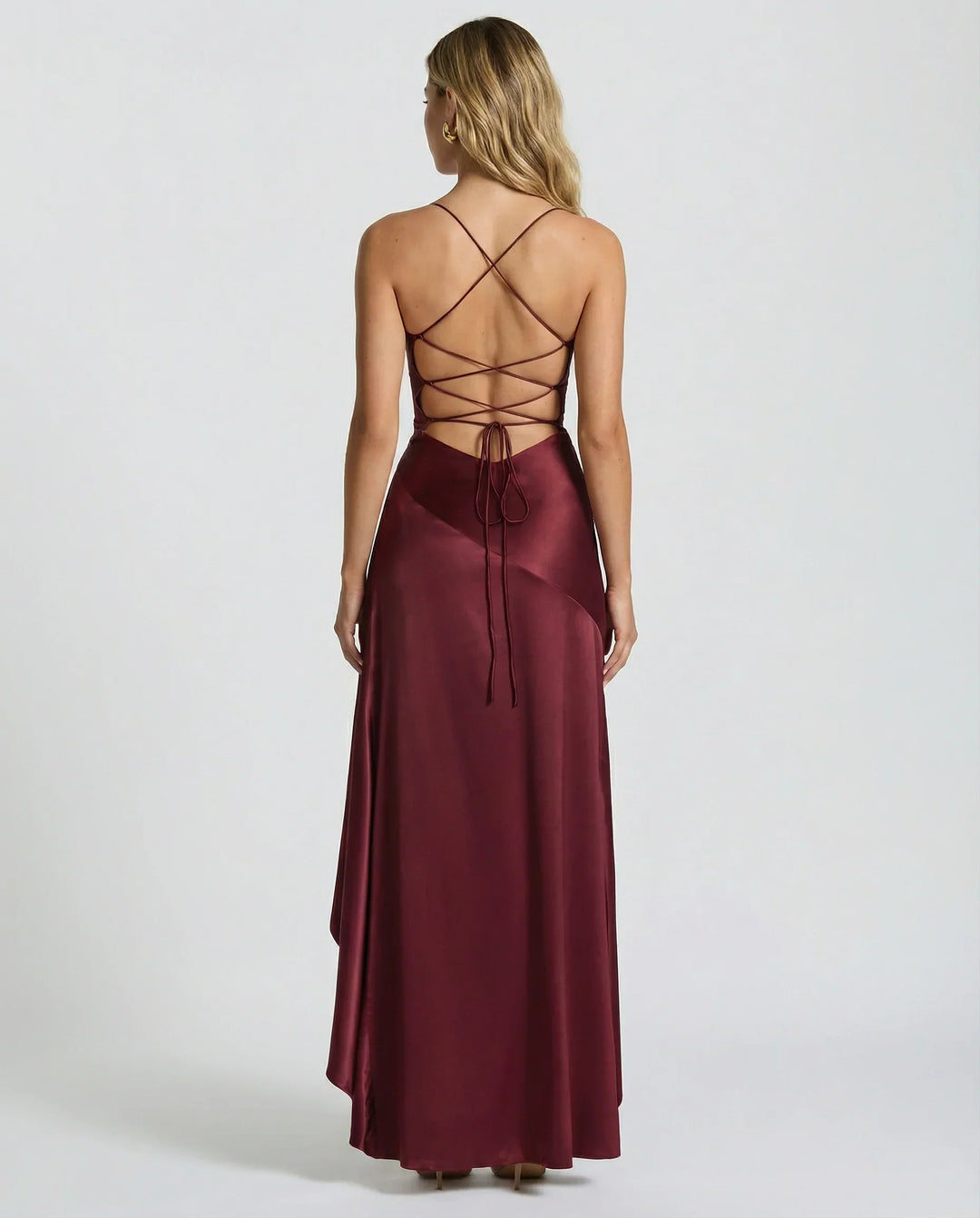 Elegant Satin Autumn Wedding Guest Dress with Sweetheart Neck High Low Ruffle Open Back