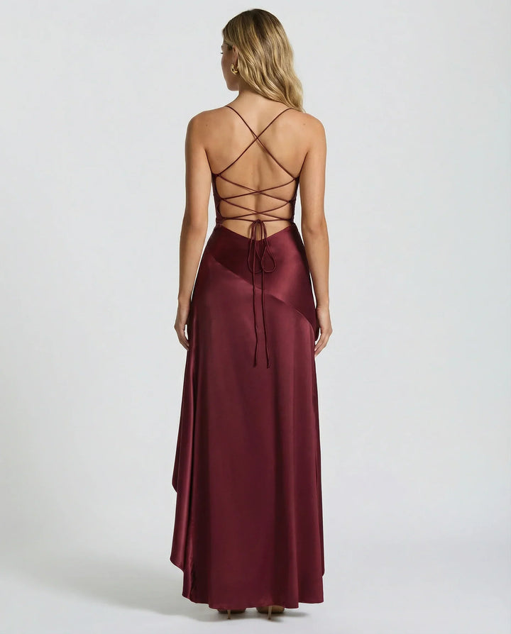 Elegant Satin Autumn Wedding Guest Dress with Sweetheart Neck High Low Ruffle Open Back