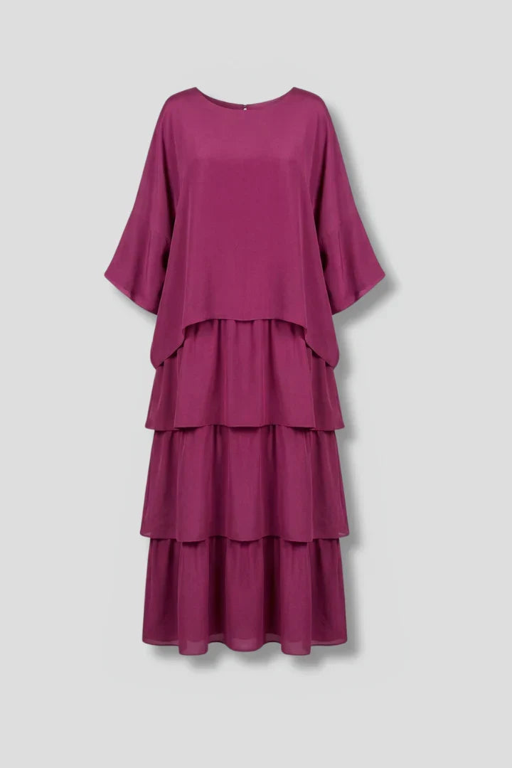 Elegant Tiered Chiffon Fall Wedding Guest Dress with Round Neck Bell Sleeve Ruffle Maxi