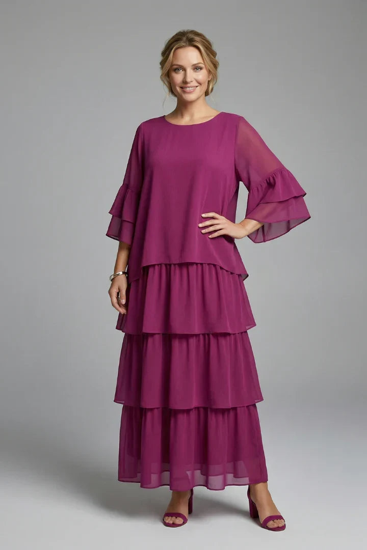 Elegant Tiered Chiffon Fall Wedding Guest Dress with Round Neck Bell Sleeve Ruffle Maxi