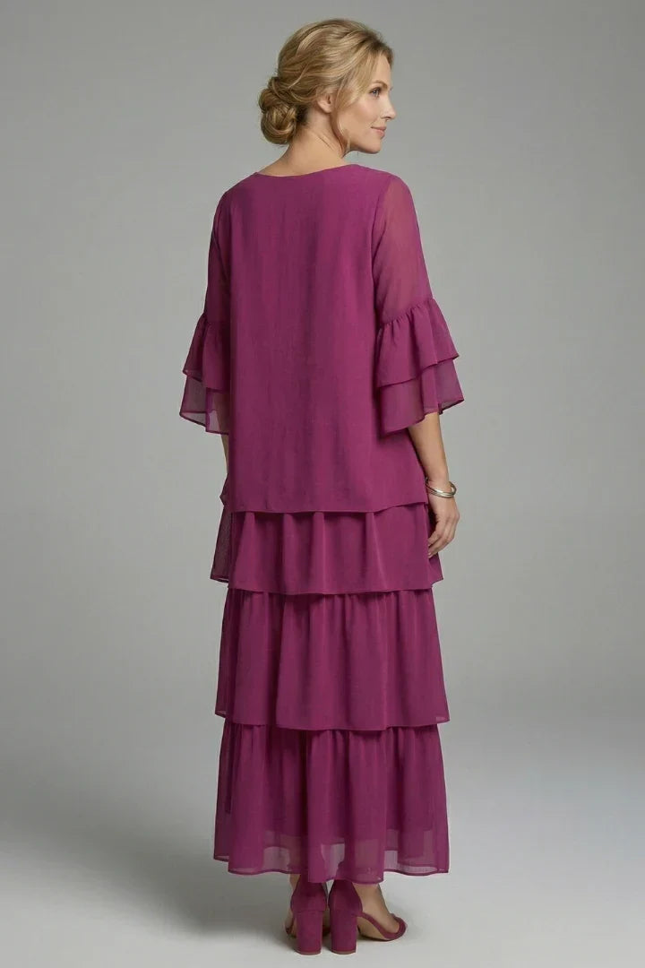 Elegant Tiered Chiffon Fall Wedding Guest Dress with Round Neck Bell Sleeve Ruffle Maxi