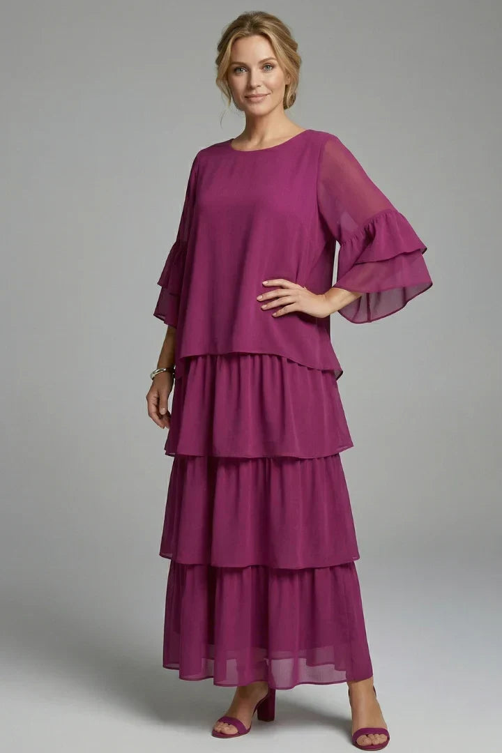Elegant Tiered Chiffon Fall Wedding Guest Dress with Round Neck Bell Sleeve Ruffle Maxi