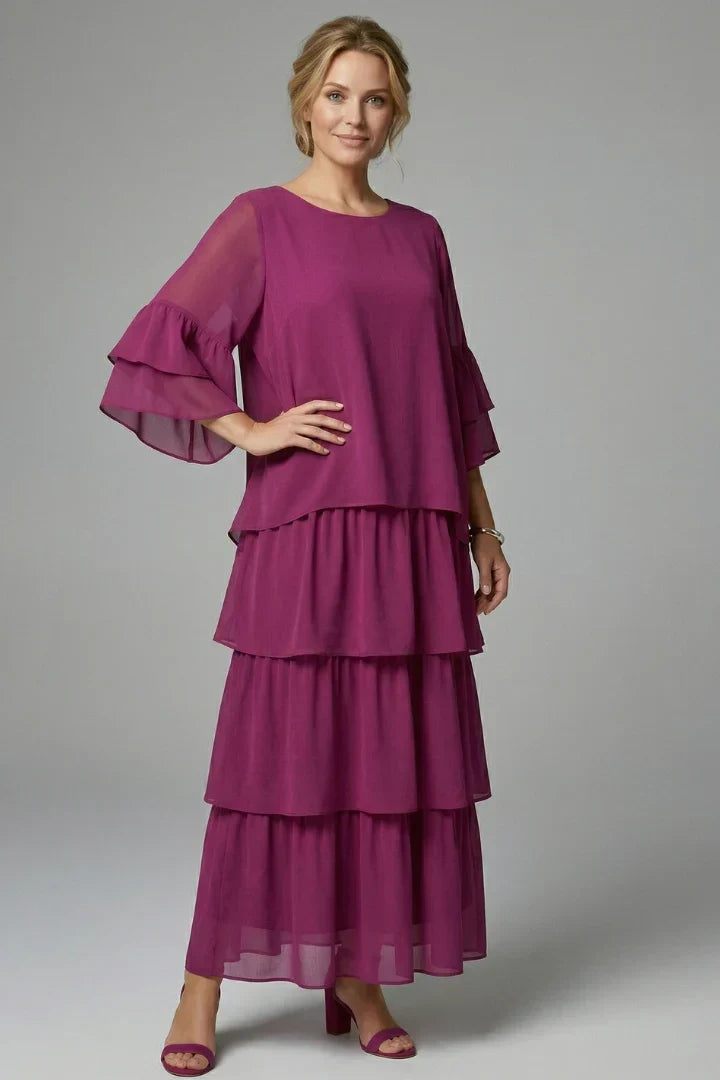 Elegant Tiered Chiffon Fall Wedding Guest Dress with Round Neck Bell Sleeve Ruffle Maxi