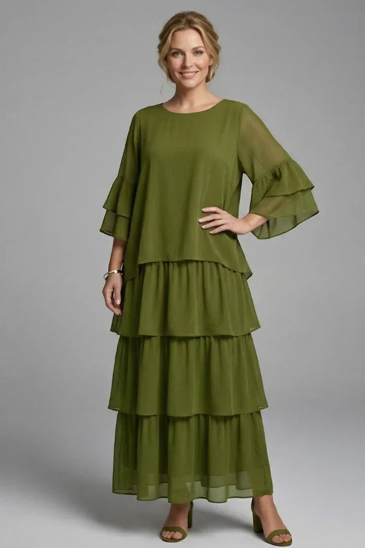Elegant Tiered Chiffon Fall Wedding Guest Dress with Round Neck Bell Sleeve Ruffle Maxi