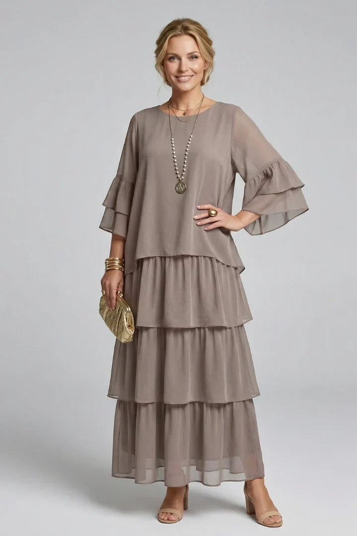 Elegant Tiered Chiffon Fall Wedding Guest Dress with Round Neck Bell Sleeve Ruffle Maxi