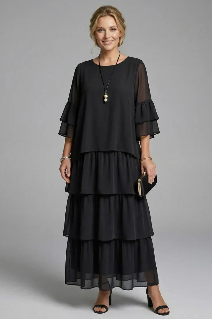 Elegant Tiered Chiffon Fall Wedding Guest Dress with Round Neck Bell Sleeve Ruffle Maxi