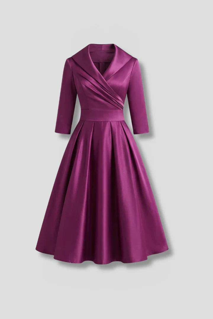 Elegant Satin Autumn Wedding Guest Dress with Shawl Collar Wrap Front Fit and Flare