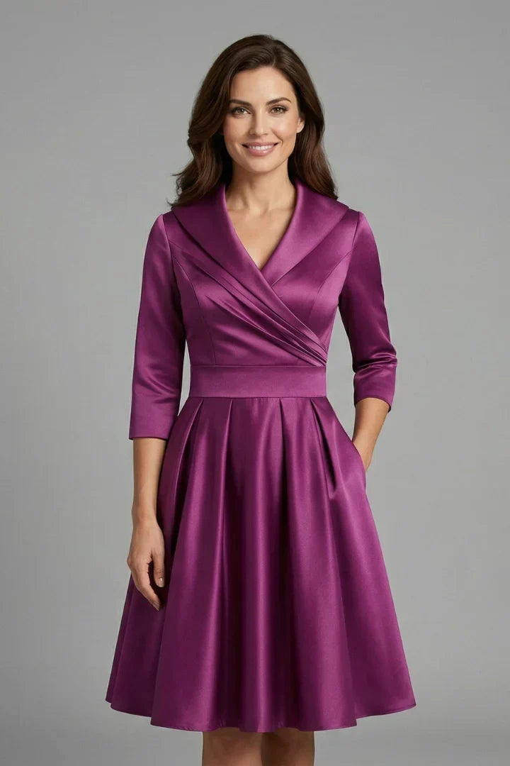 Elegant Satin Autumn Wedding Guest Dress with Shawl Collar Wrap Front Fit and Flare