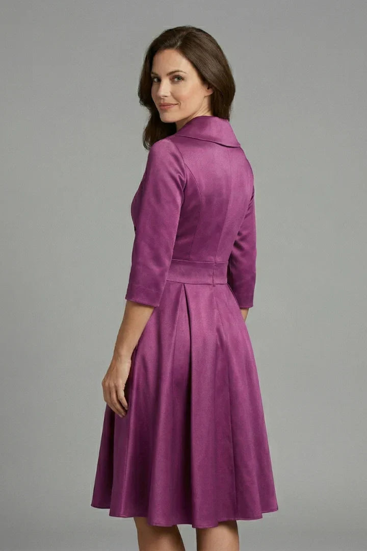 Elegant Satin Autumn Wedding Guest Dress with Shawl Collar Wrap Front Fit and Flare
