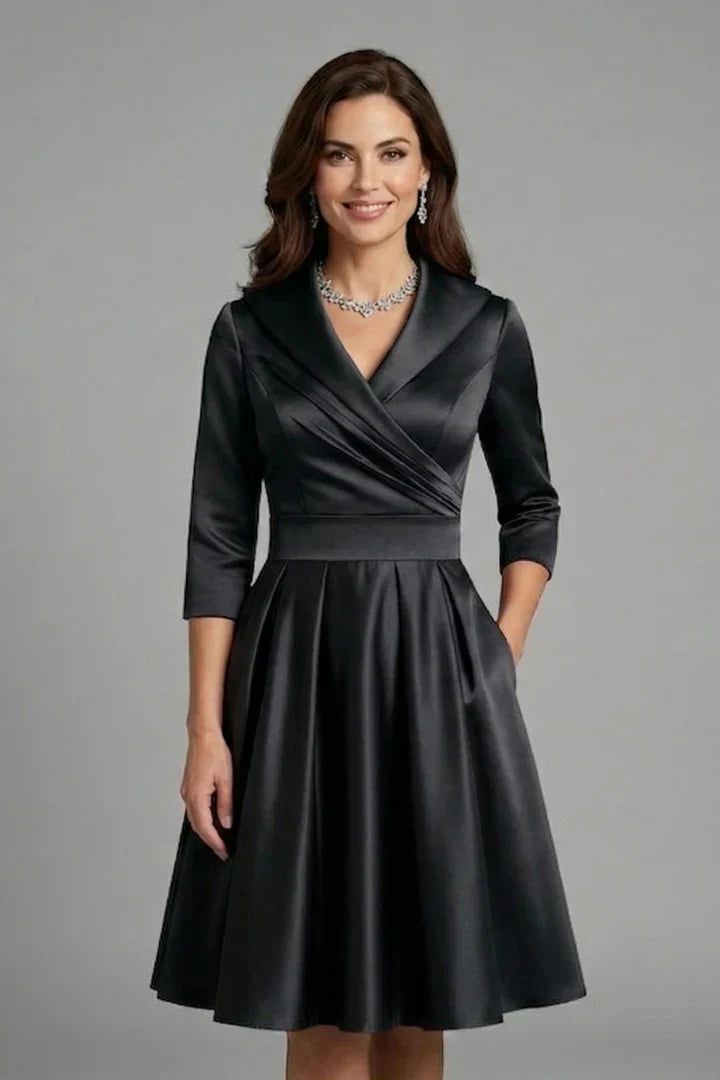 Elegant Satin Autumn Wedding Guest Dress with Shawl Collar Wrap Front Fit and Flare