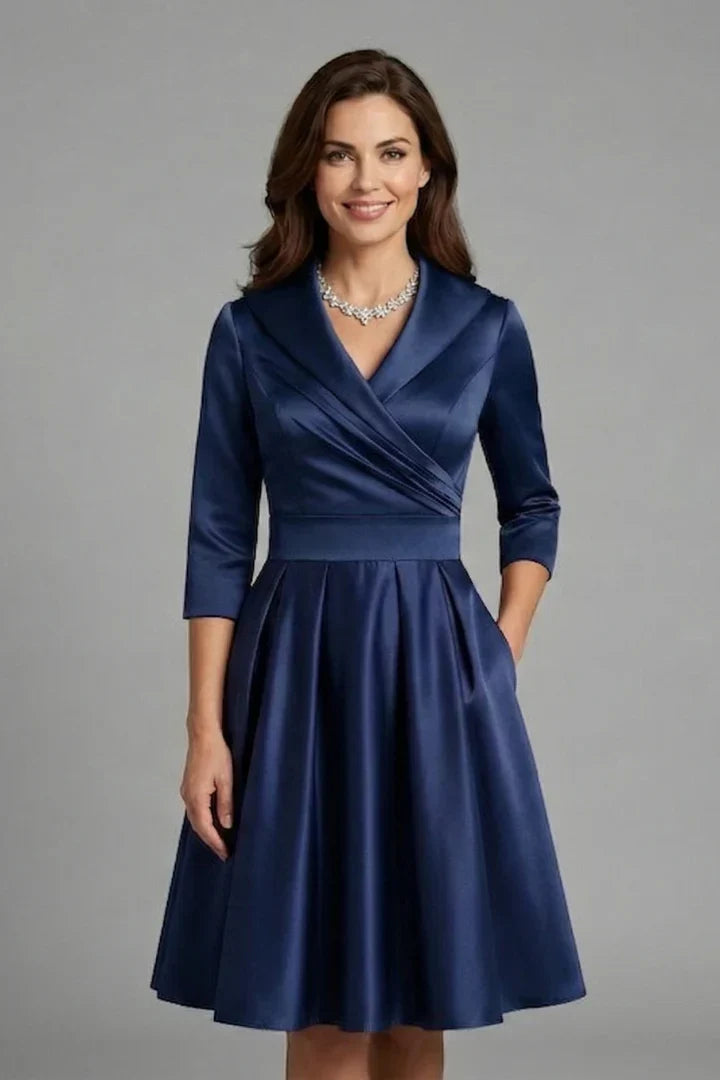 Elegant Satin Autumn Wedding Guest Dress with Shawl Collar Wrap Front Fit and Flare