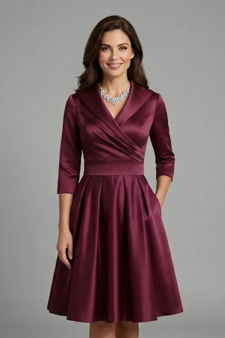Elegant Satin Autumn Wedding Guest Dress with Shawl Collar Wrap Front Fit and Flare