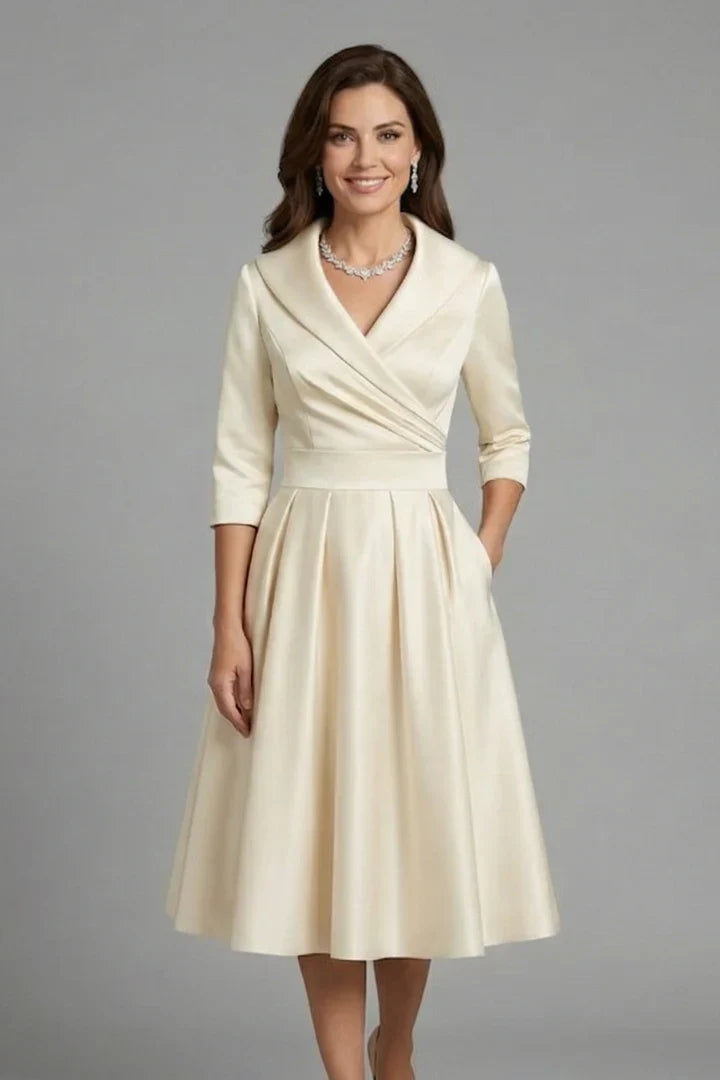 Elegant Satin Autumn Wedding Guest Dress with Shawl Collar Wrap Front Fit and Flare