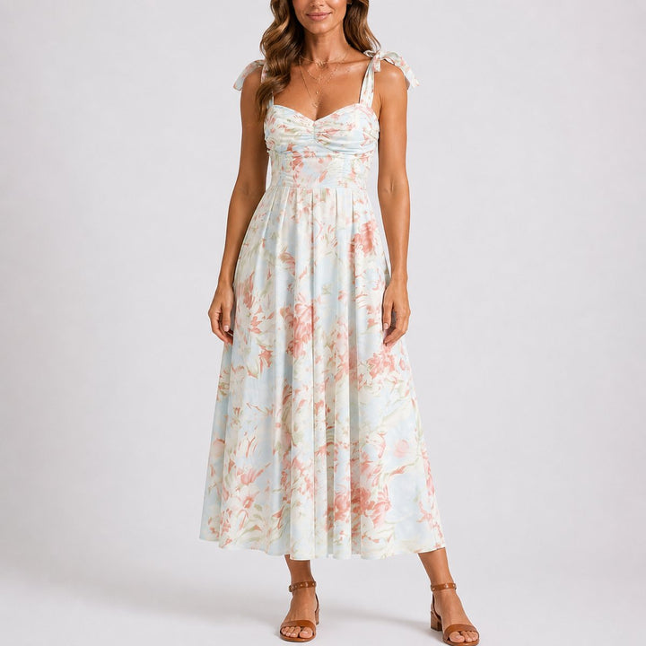 Elegant Floral Autumn Wedding Guest Dress with Sweetheart Neckline Ruched Pleated