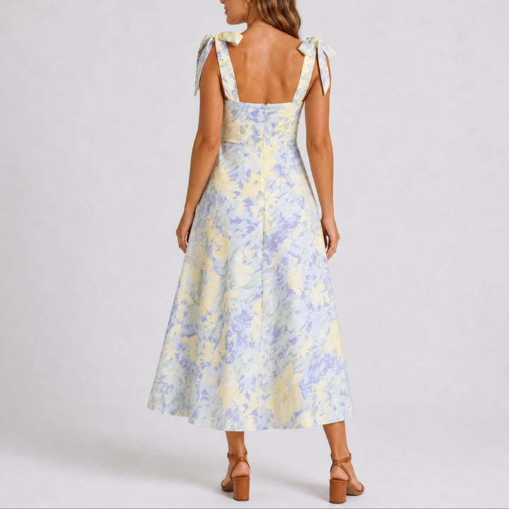 Elegant Floral Autumn Wedding Guest Dress with Sweetheart Neckline Ruched Pleated