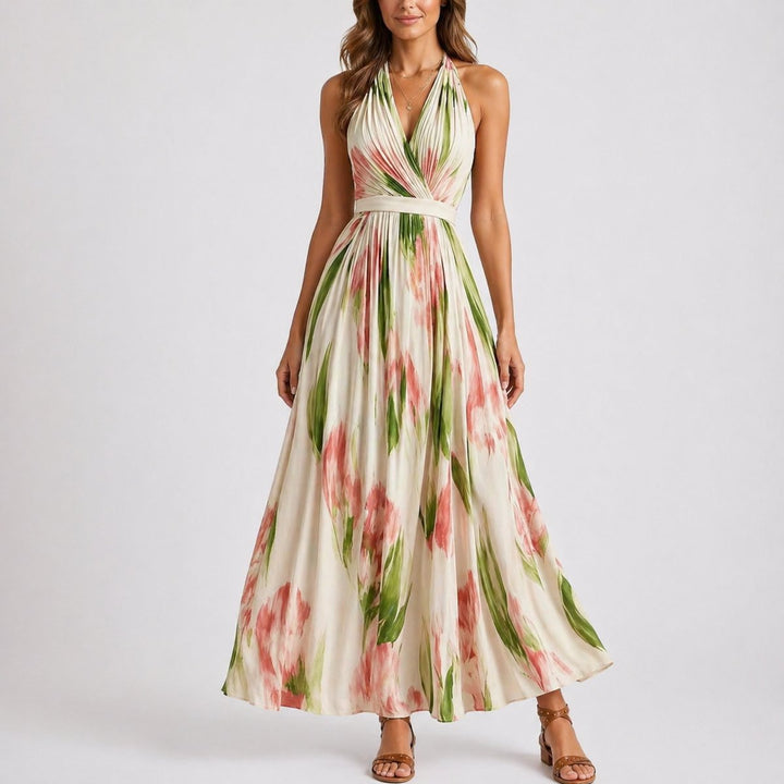 Elegant Floral Autumn Wedding Guest Dress for Women with Halter V Neck Pleated A Line Flowing Style