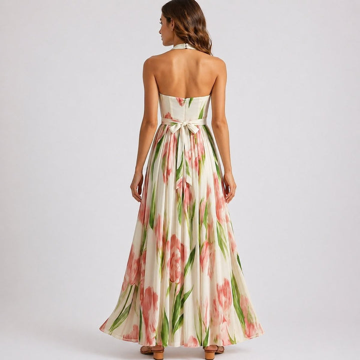 Elegant Floral Autumn Wedding Guest Dress for Women with Halter V Neck Pleated A Line Flowing Style