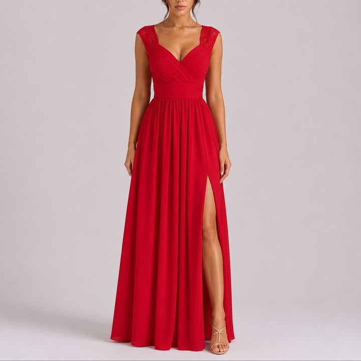 Elegant Chiffon Autumn Wedding Guest Dress with V Neck Lace Cap Sleeve Ruched Slit