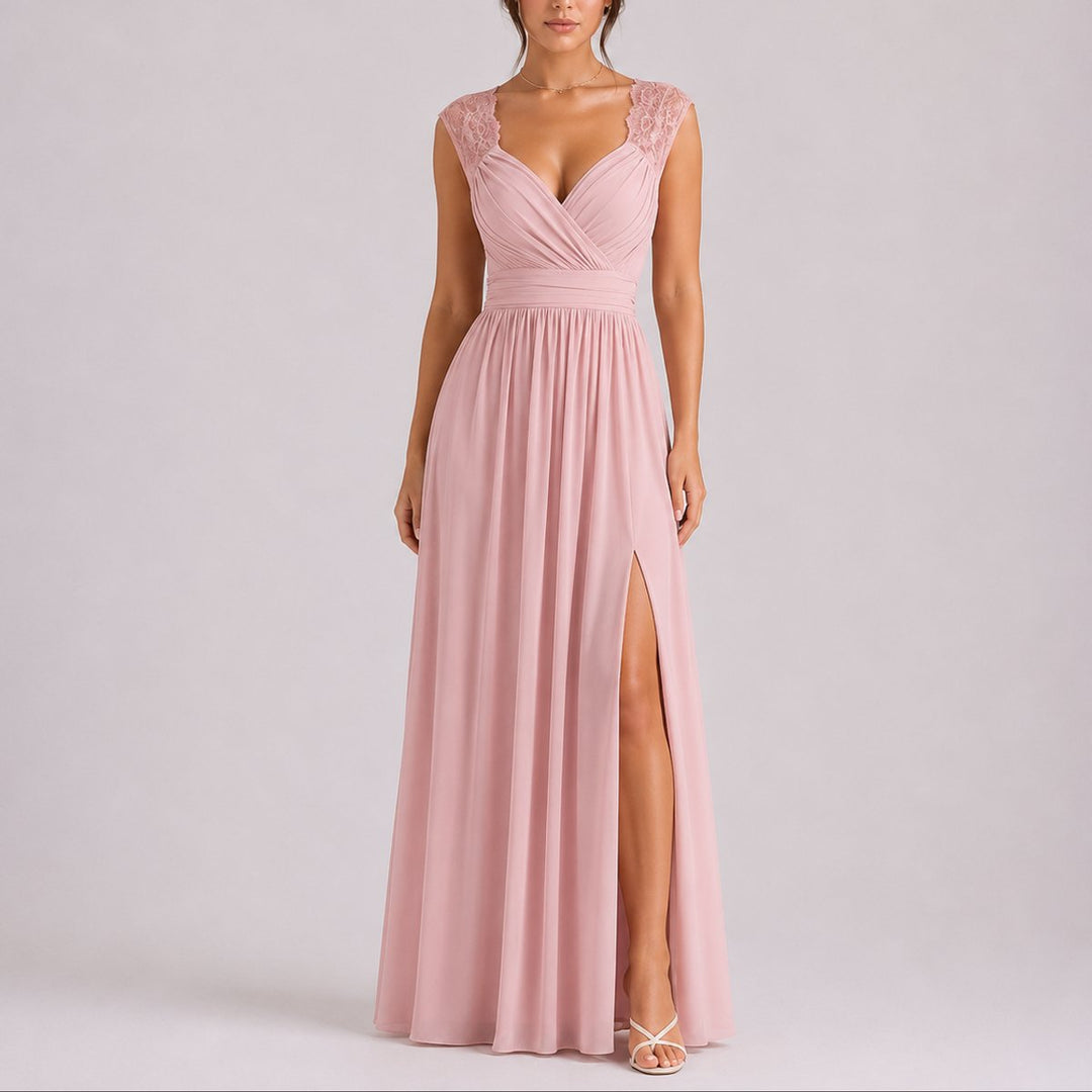 Elegant Chiffon Autumn Wedding Guest Dress with V Neck Lace Cap Sleeve Ruched Slit