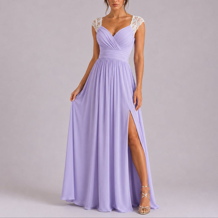 Elegant Chiffon Autumn Wedding Guest Dress with V Neck Lace Cap Sleeve Ruched Slit