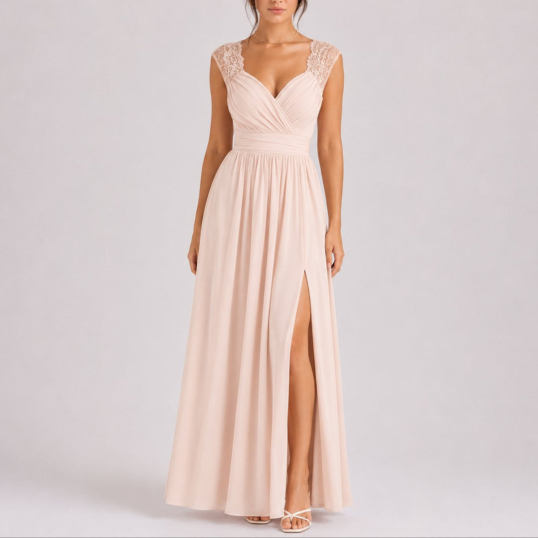Elegant Chiffon Autumn Wedding Guest Dress with V Neck Lace Cap Sleeve Ruched Slit