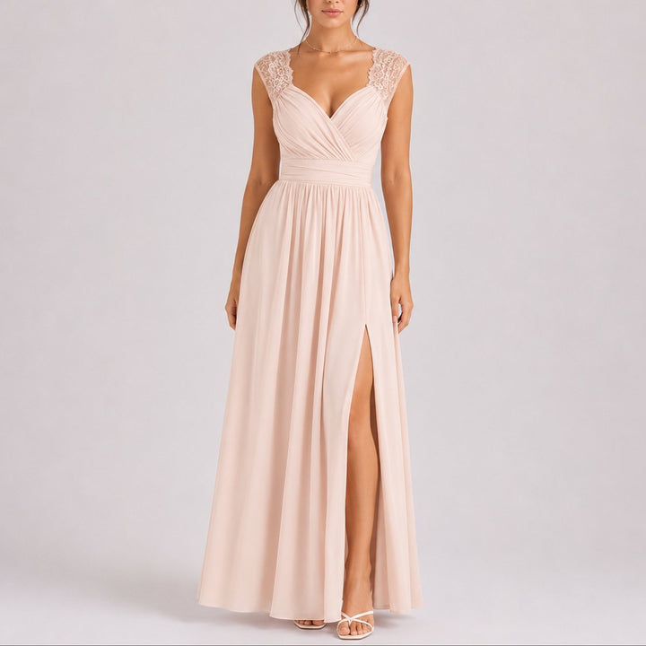 Elegant Chiffon Autumn Wedding Guest Dress with V Neck Lace Cap Sleeve Ruched Slit