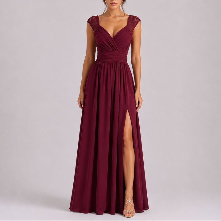 Elegant Chiffon Autumn Wedding Guest Dress with V Neck Lace Cap Sleeve Ruched Slit