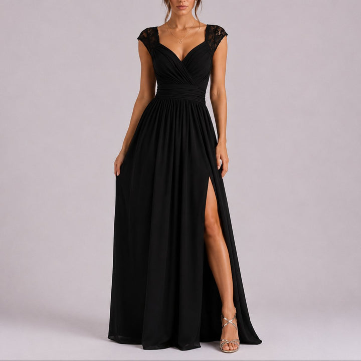 Elegant Chiffon Autumn Wedding Guest Dress with V Neck Lace Cap Sleeve Ruched Slit
