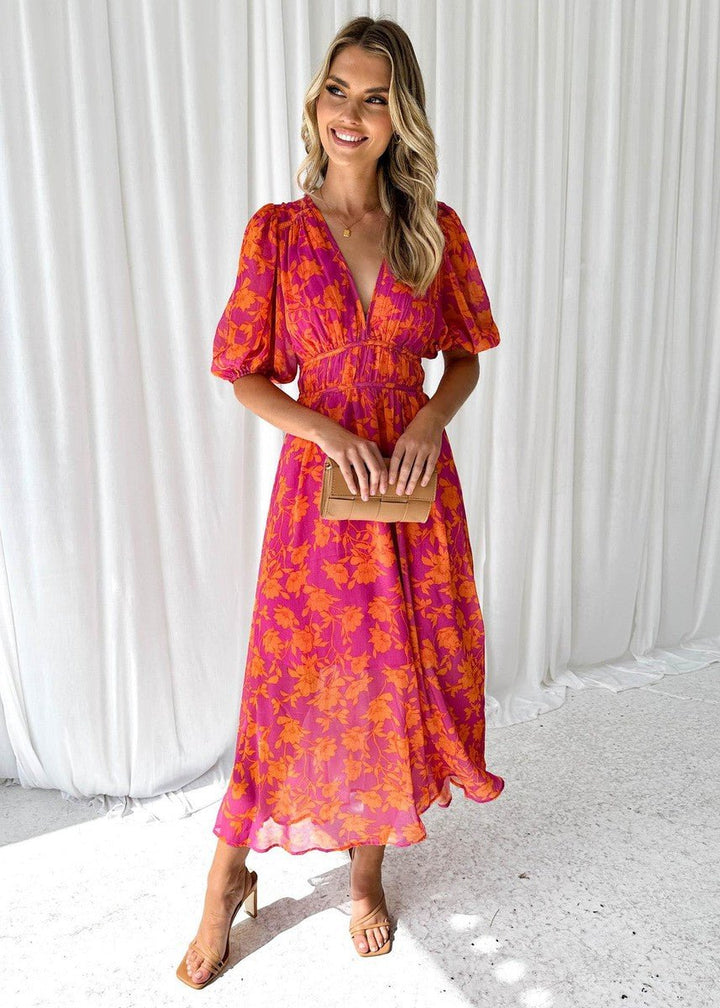 Effortless Pink Orange Maxi Dress for Women with V Neck Short Sleeve Floral Flowing Style