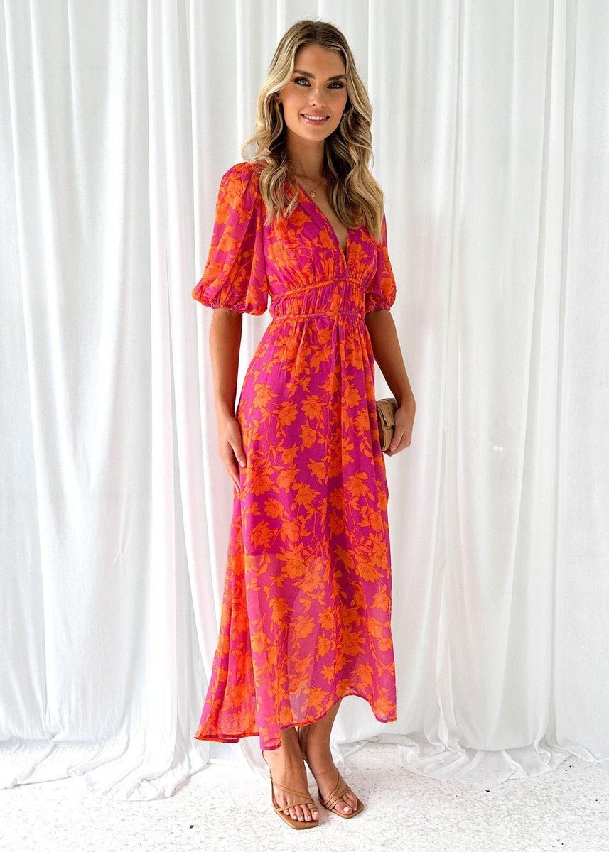 Effortless Pink Orange Maxi Dress for Women with V Neck Short Sleeve Floral Flowing Style