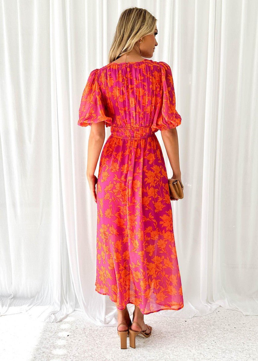 Effortless Pink Orange Maxi Dress for Women with V Neck Short Sleeve Floral Flowing Style