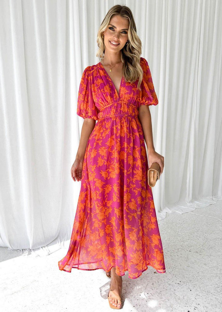 Effortless Pink Orange Maxi Dress for Women with V Neck Short Sleeve Floral Flowing Style