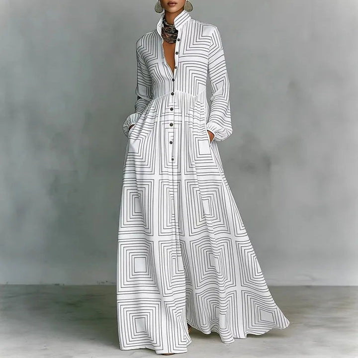 Effortless Printed Maxi Dress with Stand Collar Button Front High Waist Bohemian Style