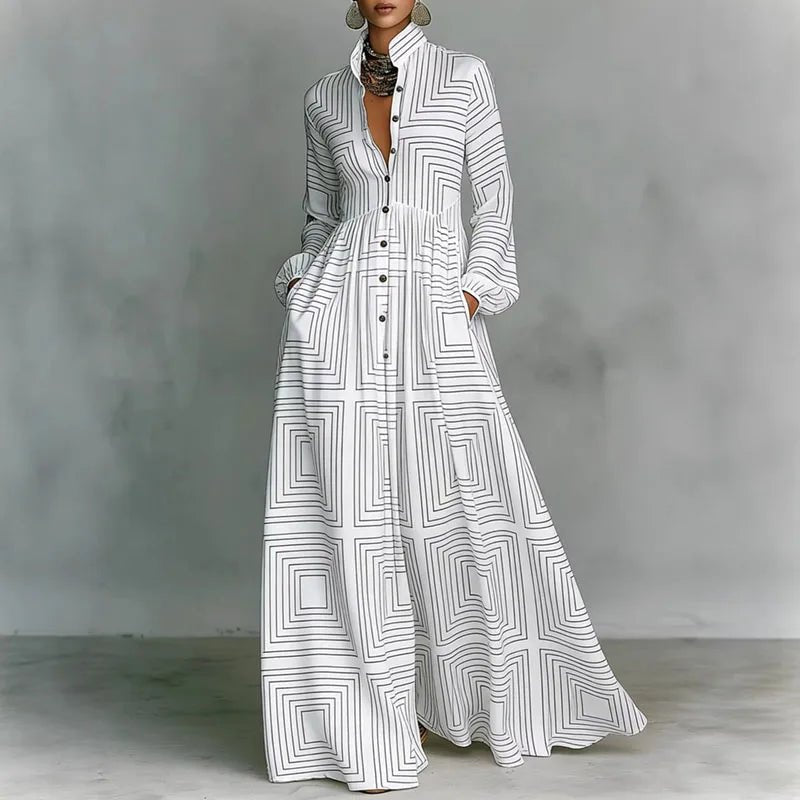 Effortless White Printed Maxi Dress with Stand Collar Button Front High Waist Bohemian