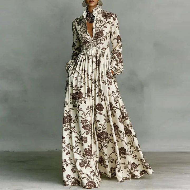 Effortless Printed Maxi Dress with Stand Collar Button Front High Waist Bohemian Style