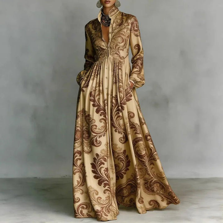Effortless Printed Maxi Dress with Stand Collar Button Front High Waist Bohemian Style